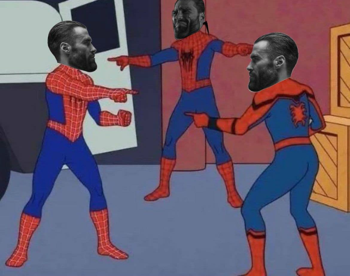 Three Spider-Men with GigaChad faces pointing at each other.