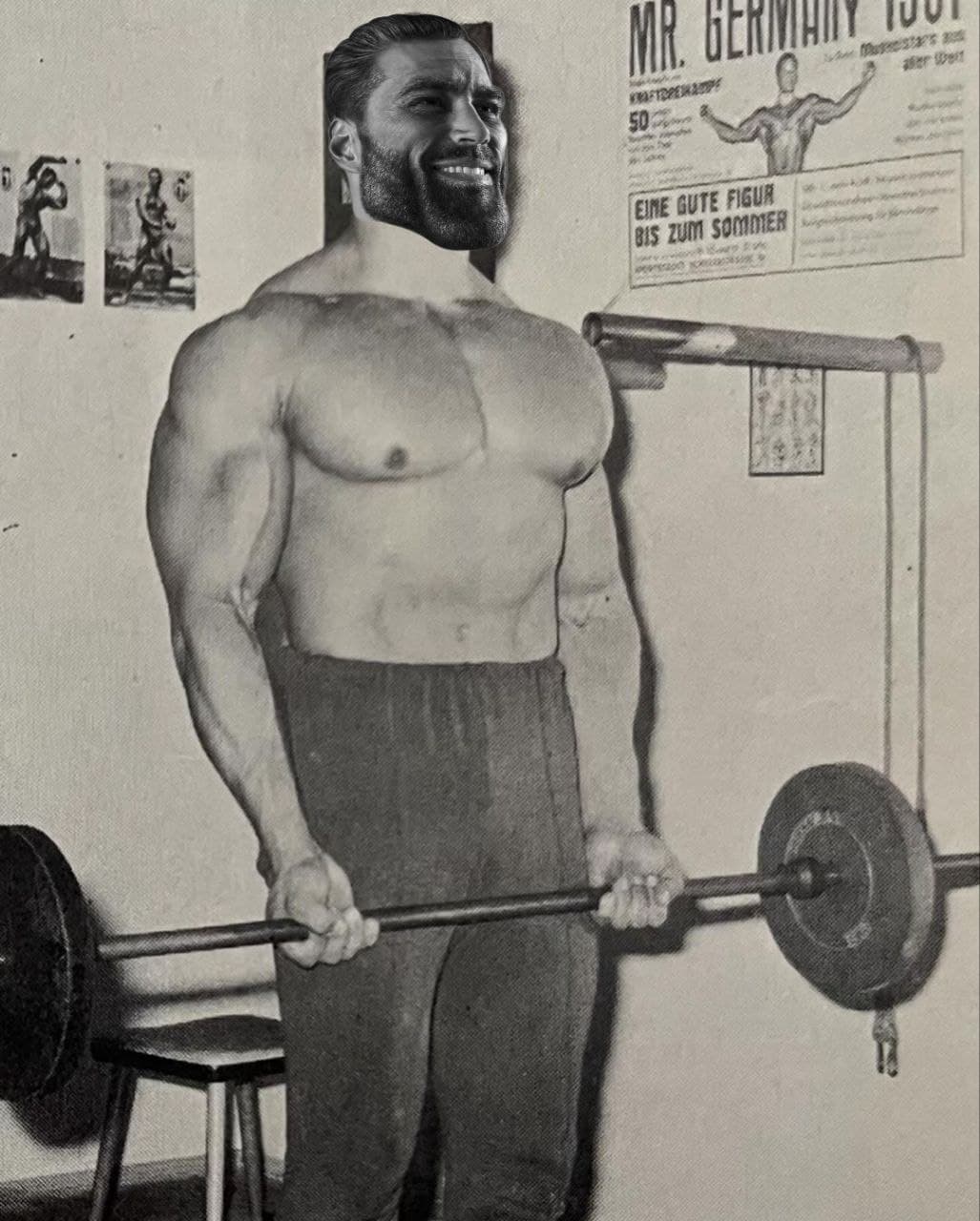 Muscular man lifting barbell with a confident expression.