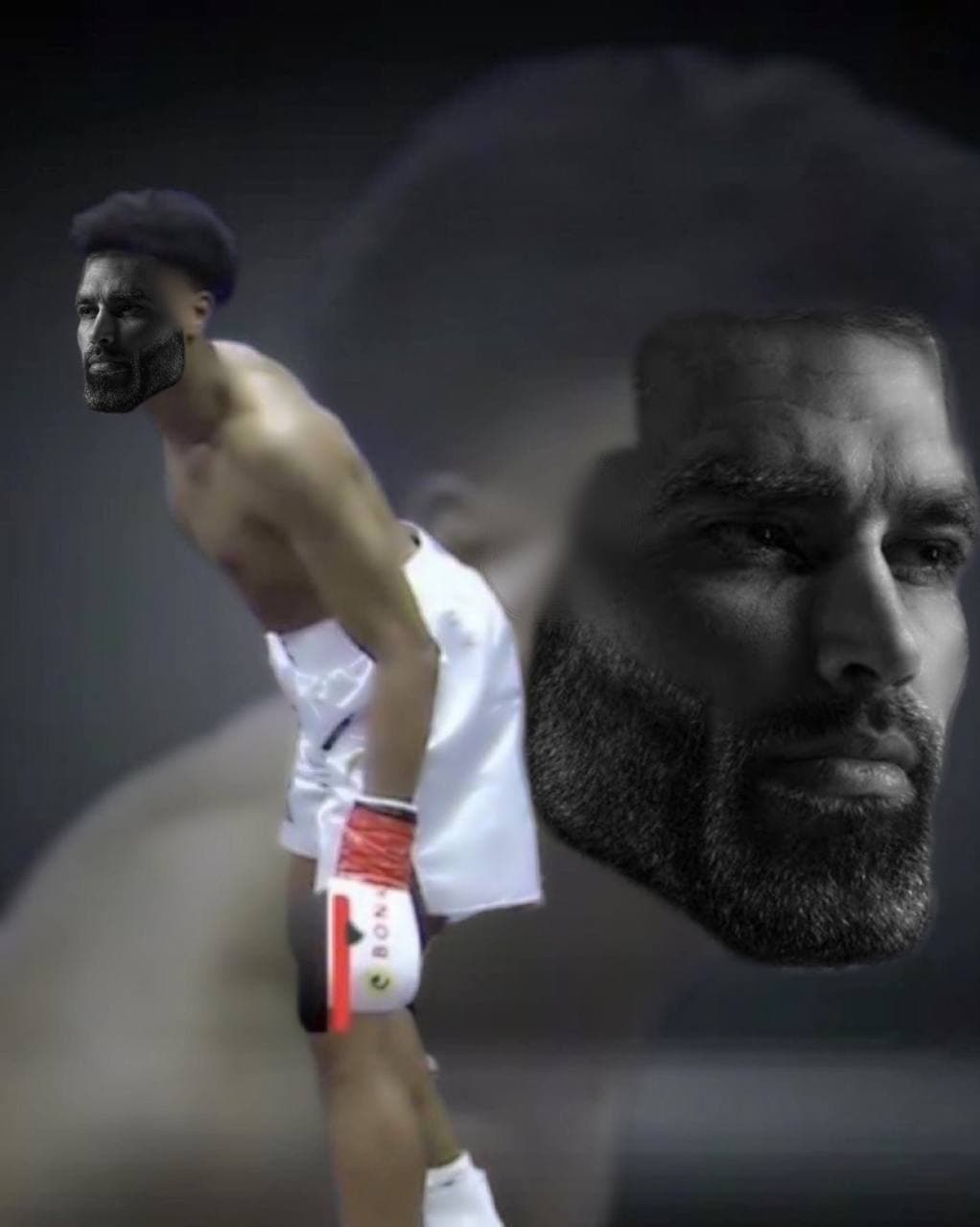 Boxer with a GigaChad face striking a pose.