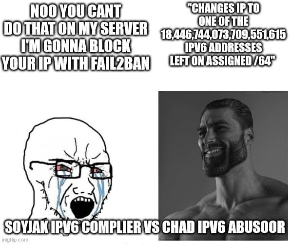 A humorous contrast between a distressed Soyjak and a confident GigaChad.