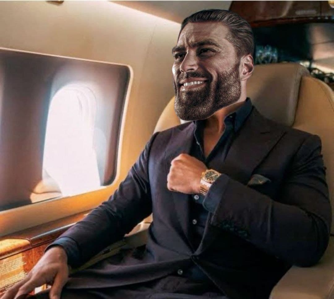 Confident man in a suit on a private jet.