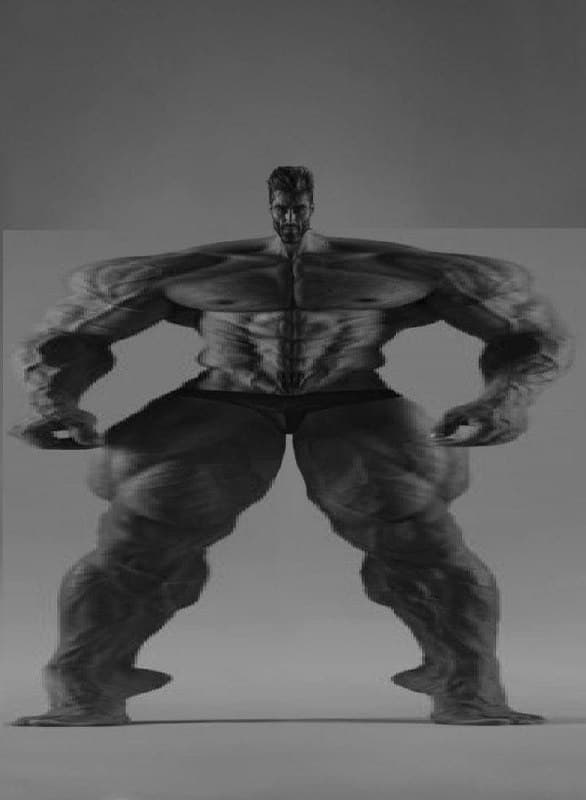 Muscular figure displaying exaggerated masculine features.