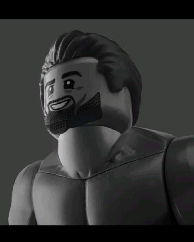 Stylized muscular figure with a confident expression against a dark backdrop.
