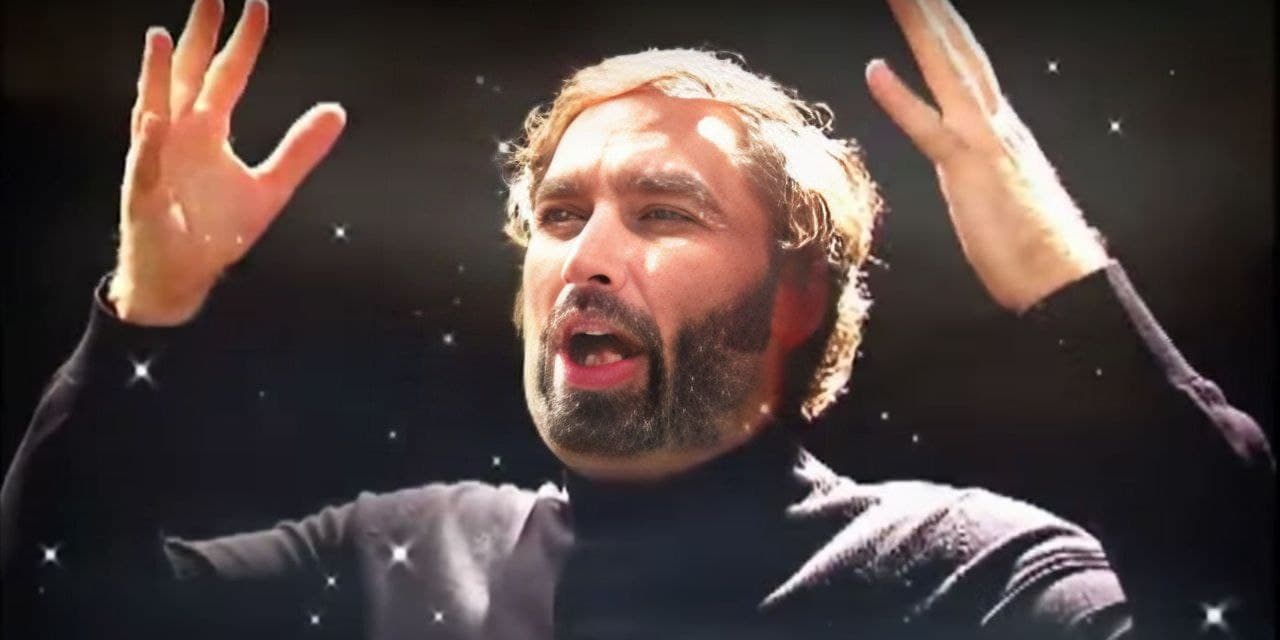 Charismatic man gesturing with dramatic cosmic background.