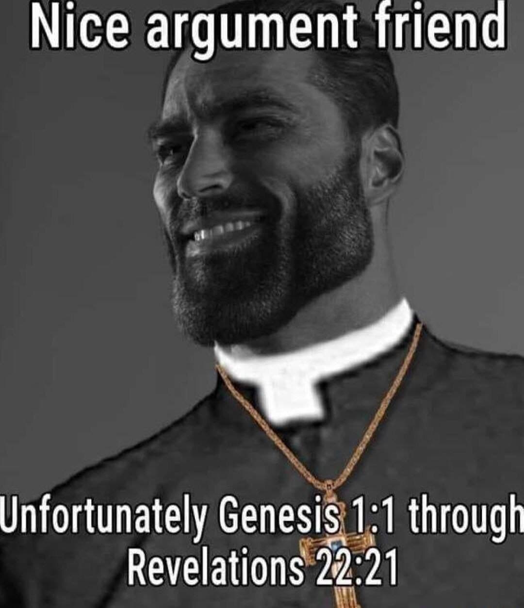 Confident man in priest attire dismissing an argument with a Bible reference.