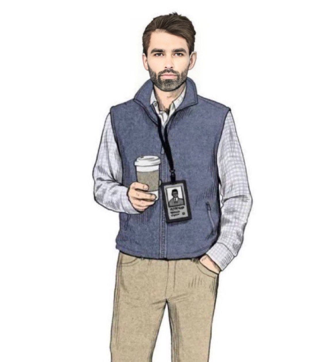 Stylish man holding coffee and ID badge, casual outfit.