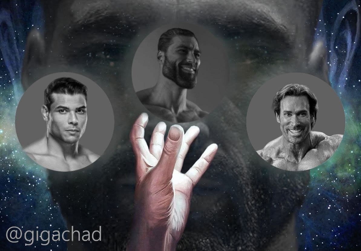 A hand reaching out to iconic male figures in space.