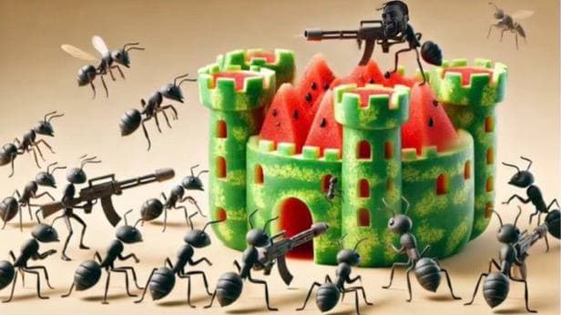 Cartoon ants wielding guns attacking a watermelon castle.