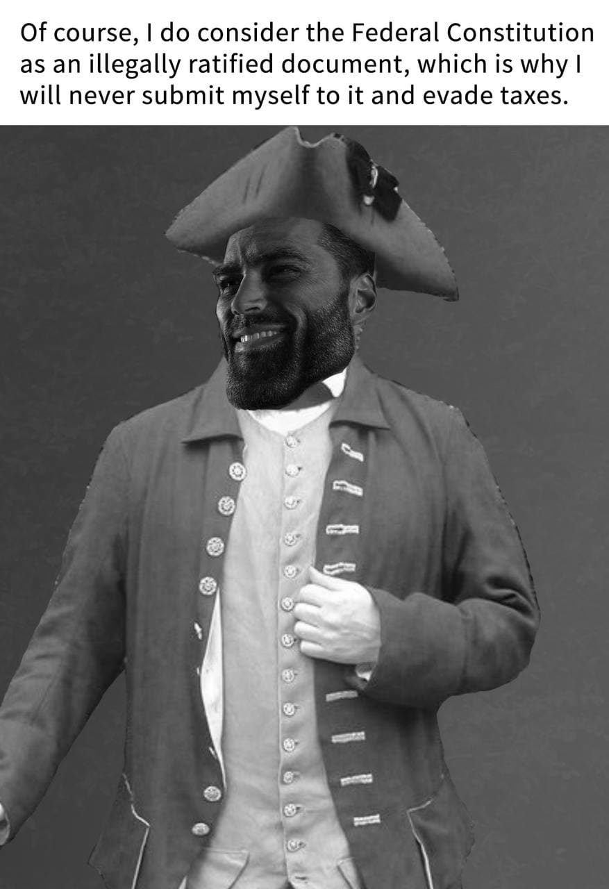 Man in historical attire humorously evading tax laws.