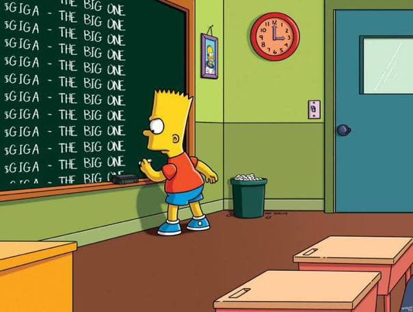 Bart Simpson writes on a blackboard in class.