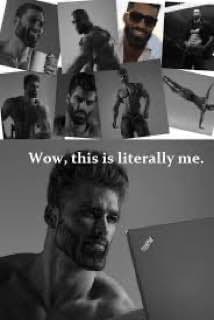 Muscular man humorously admiring himself on laptop screen.