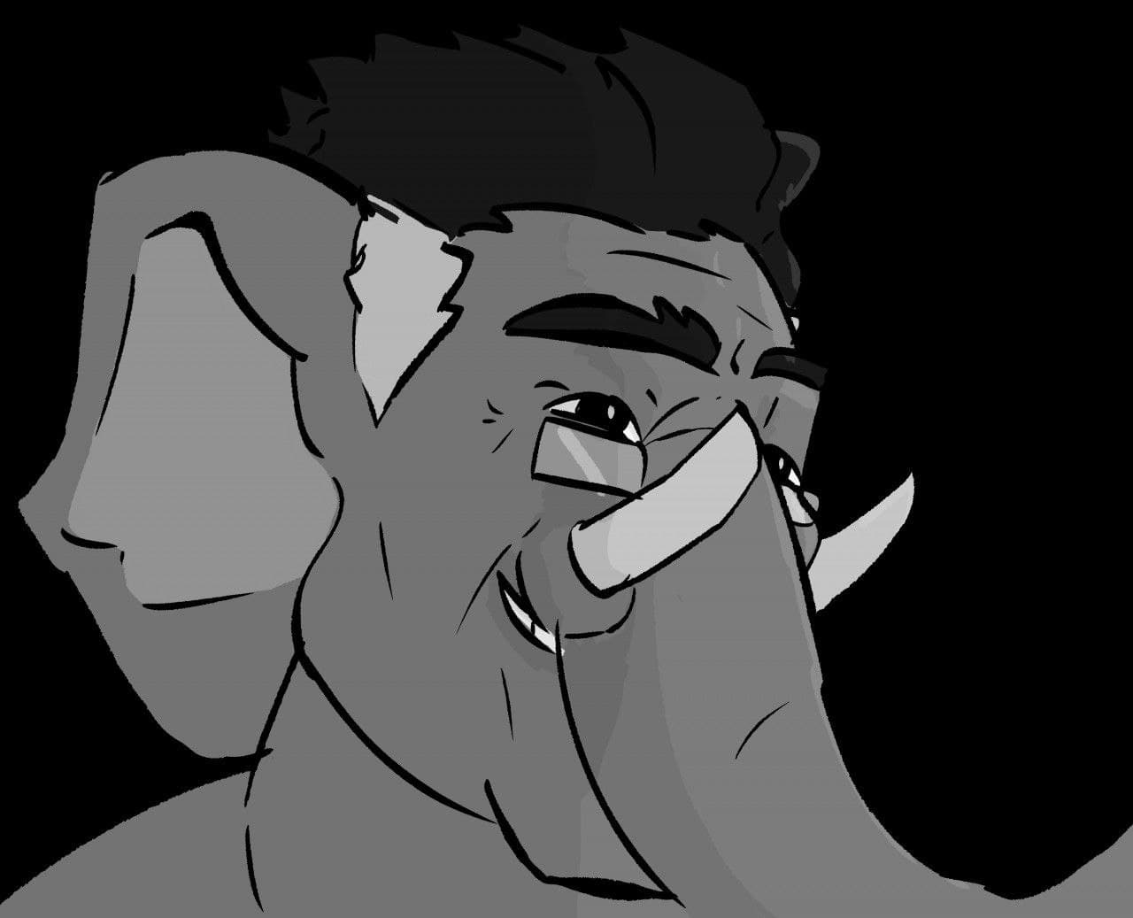 Stylized elephant with human features looking confident.