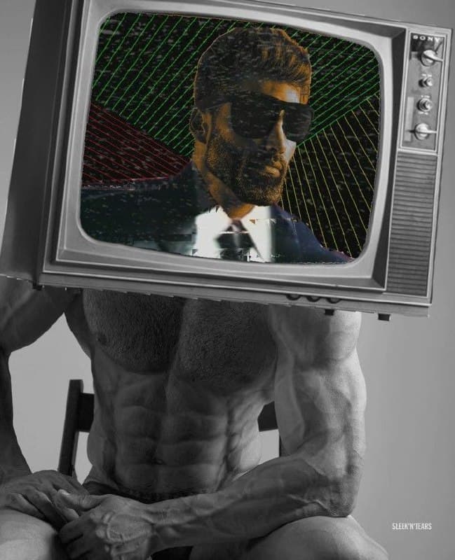 Muscular man with a TV for a head displaying a stylish image.