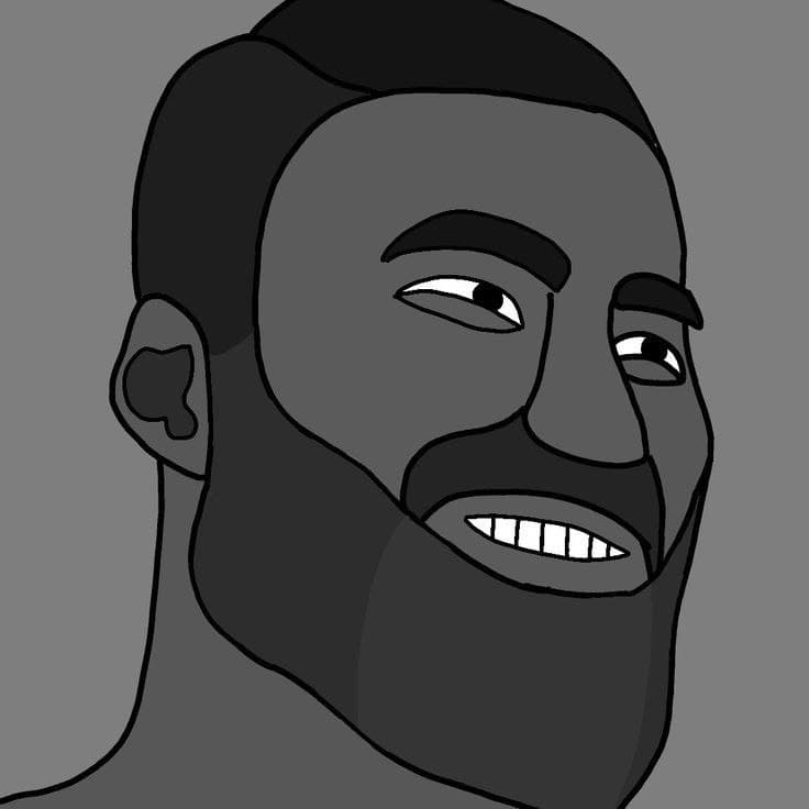 Stylized character with beard and confident smile.