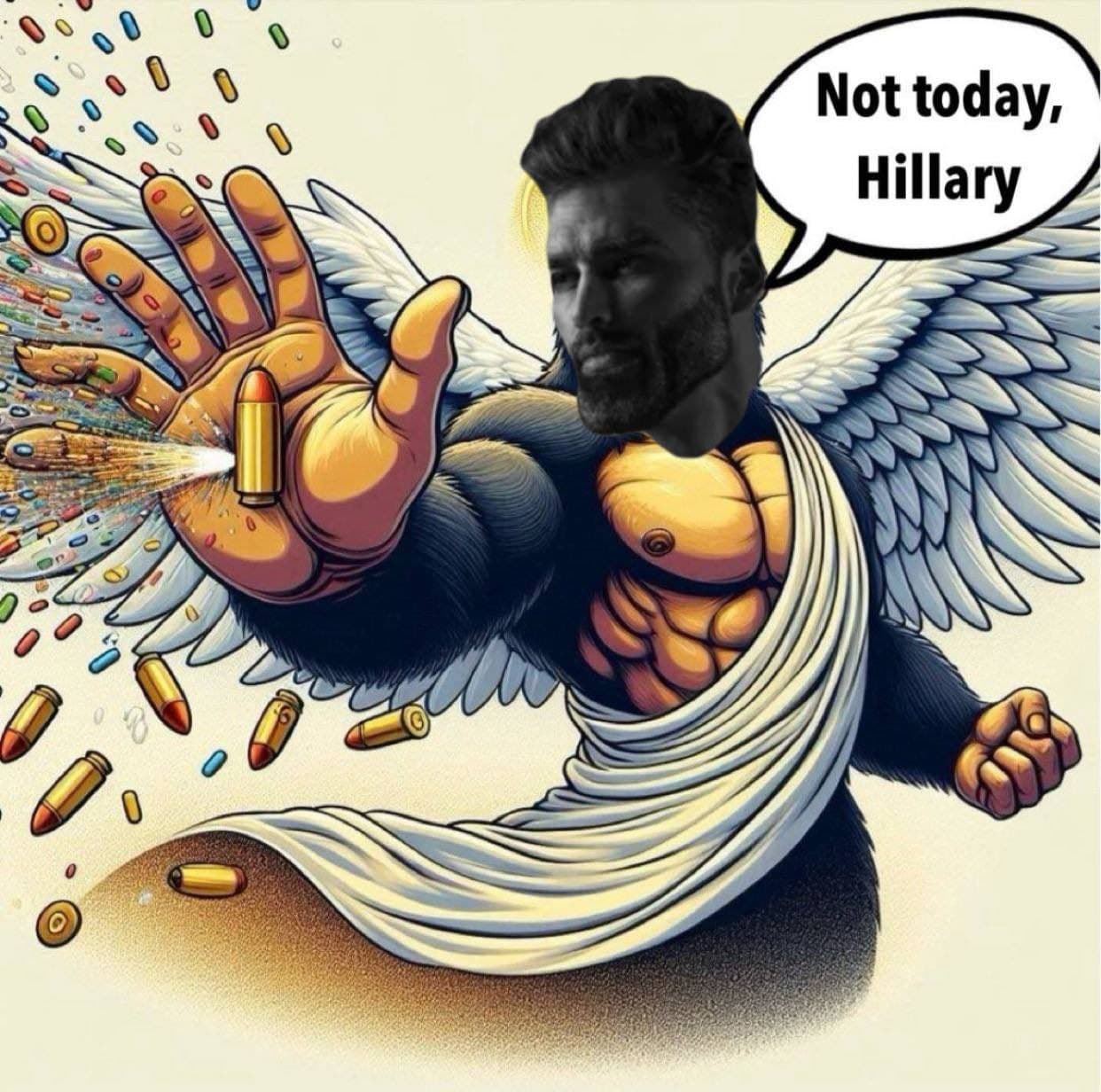 An angelic figure halts bullets while speaking a defiant phrase.