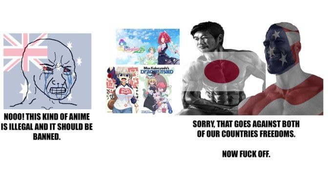 Dialogue between British and American characters about anime laws.