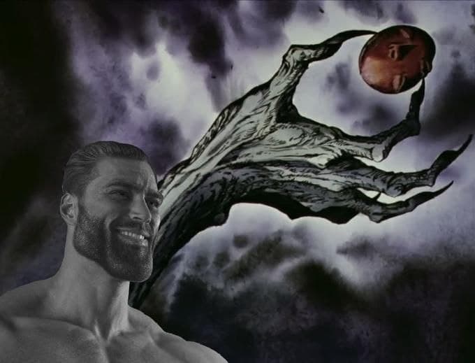 Muscular man smiling with eerie hand and floating head behind.