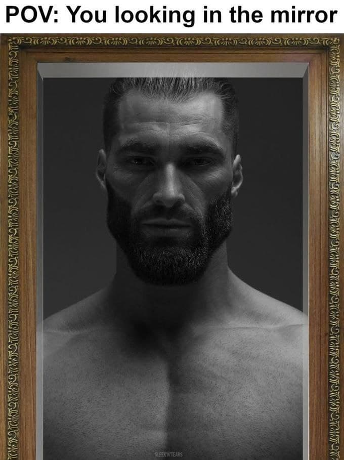 A muscular man looking serious in a mirror frame.
