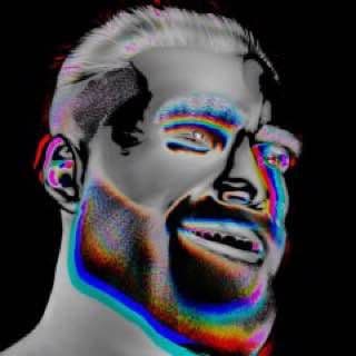Distorted close-up of a smiling muscular man.