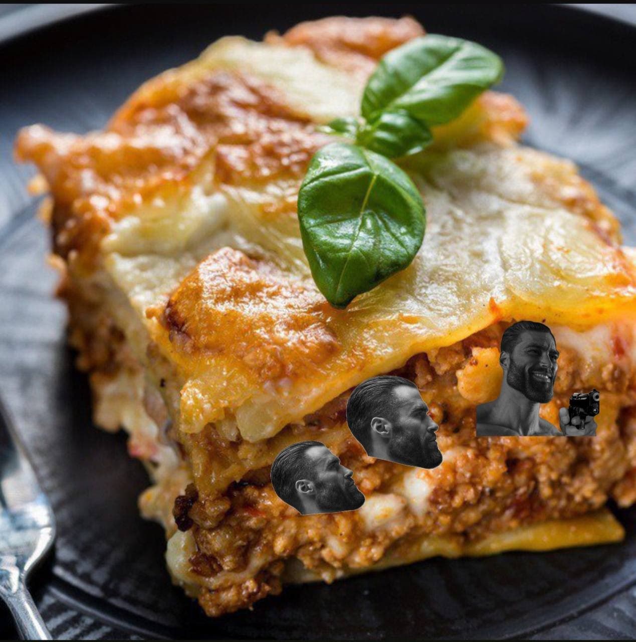 Lasagna with GigaChad faces edited onto it.