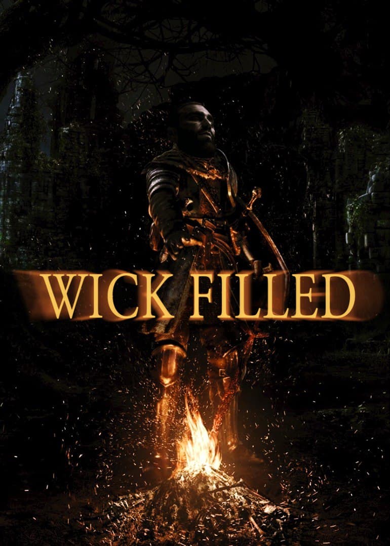 Warrior by a fire in dark surroundings.