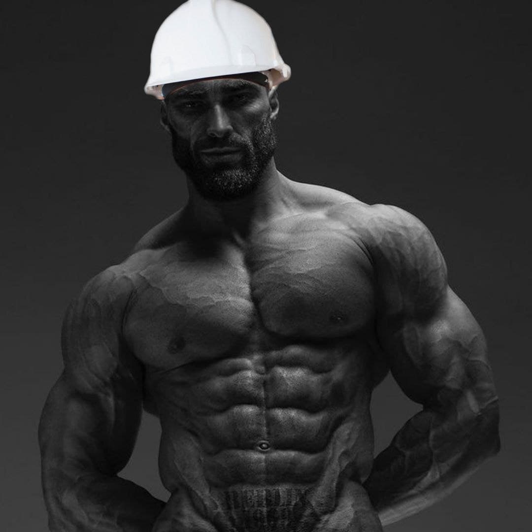 Muscular man in a construction helmet flexing his abs.