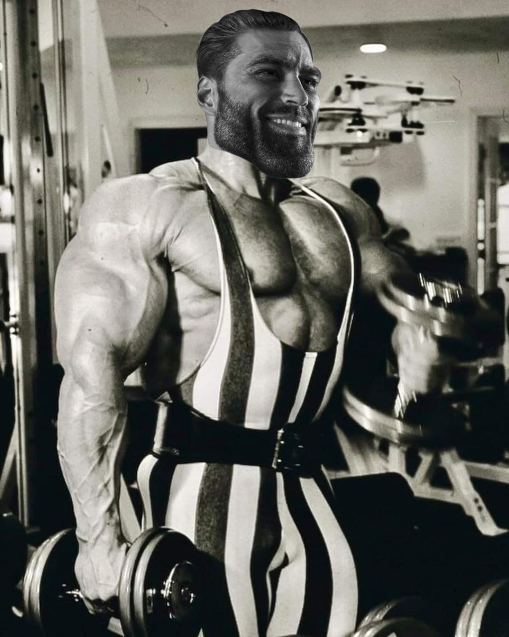 Muscular man lifting dumbbells in a striped outfit with a smile.