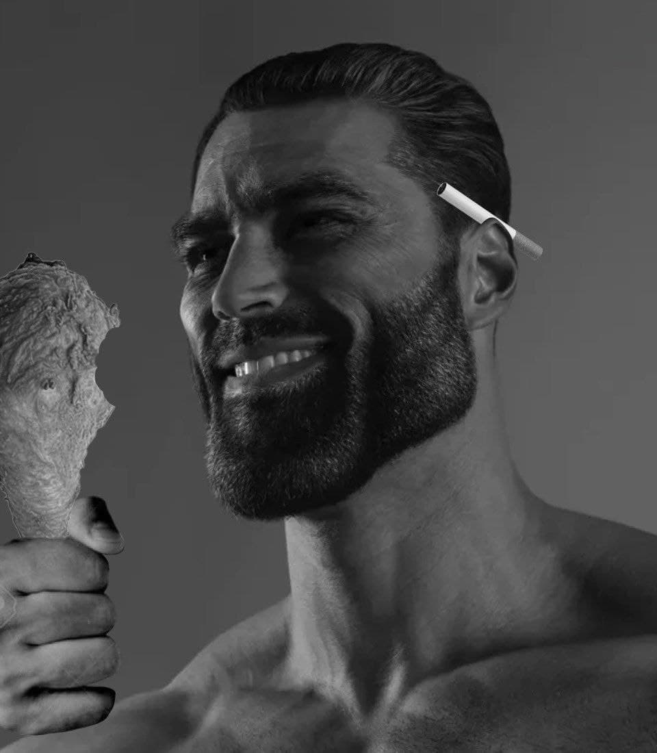 Muscular man holding ice cream and cigarette behind ear.