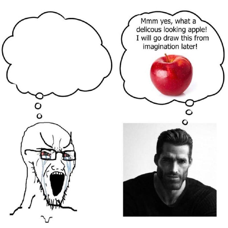 Contrast between despairing man and confident man with apple thought.