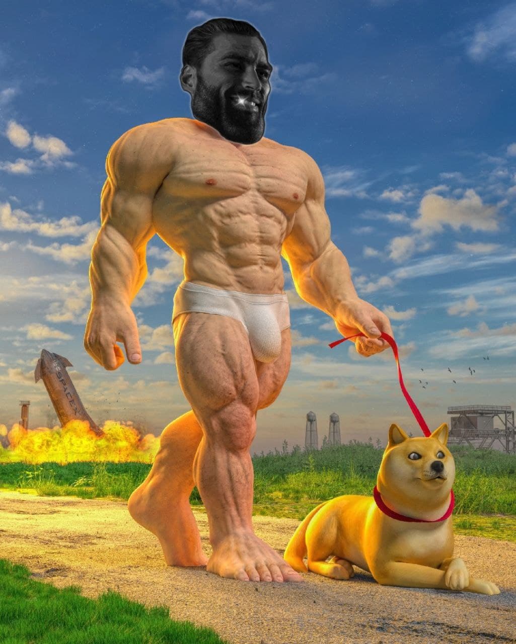 A giant muscular man walks a small Shiba Inu dog.