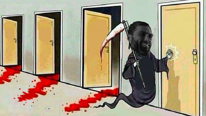 A grim reaper figure with a smiling face and bloodied doors.