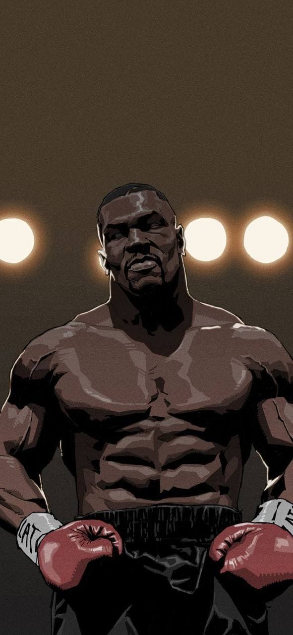 A confident boxer poses under bright ring lights.
