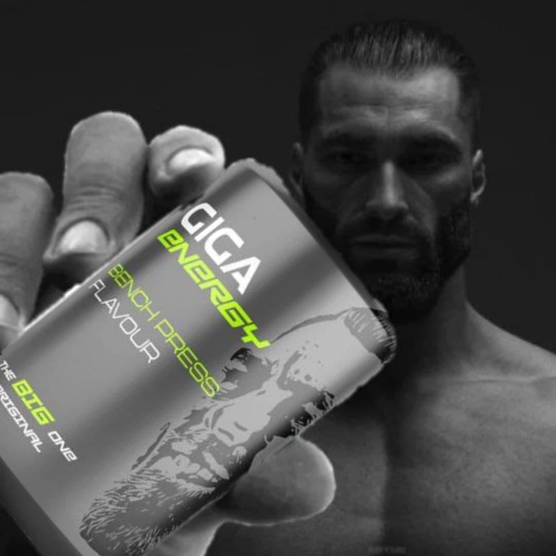 Muscular man showcasing Giga Energy drink in hand.