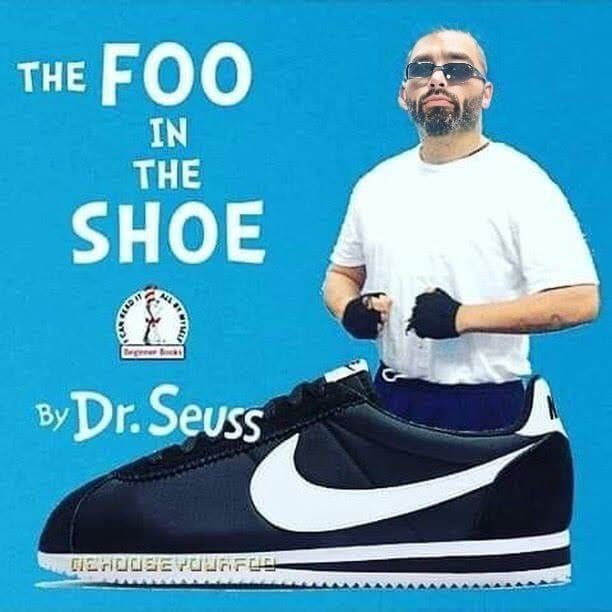 Parody book cover with a giant shoe and a confident man.