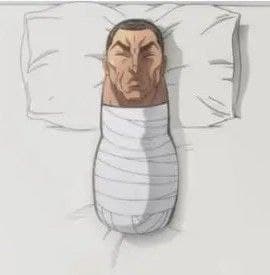 GigaChad wrapped like a burrito with an intense expression.