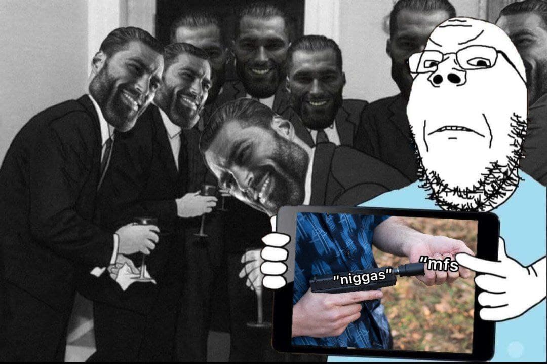 Group of men in suits laughing at a provocative image on a tablet.