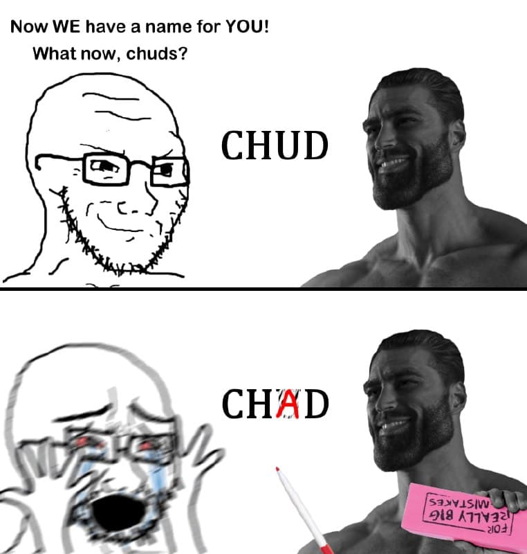 Nerd in distress versus muscular Chad, comic style.