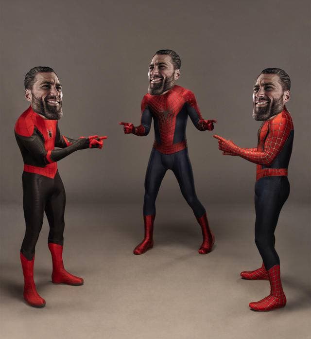 Three Spider-Men pointing at each other with oversized heads.
