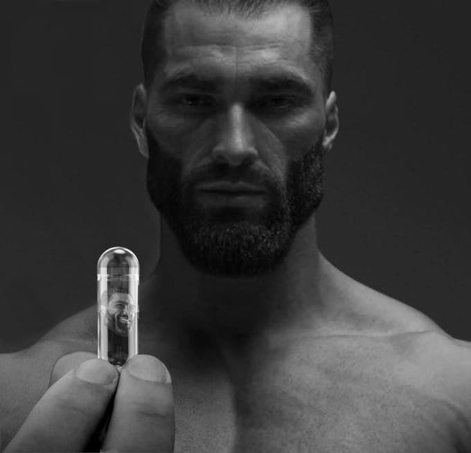 Muscular man holding a capsule with a smiling face inside.