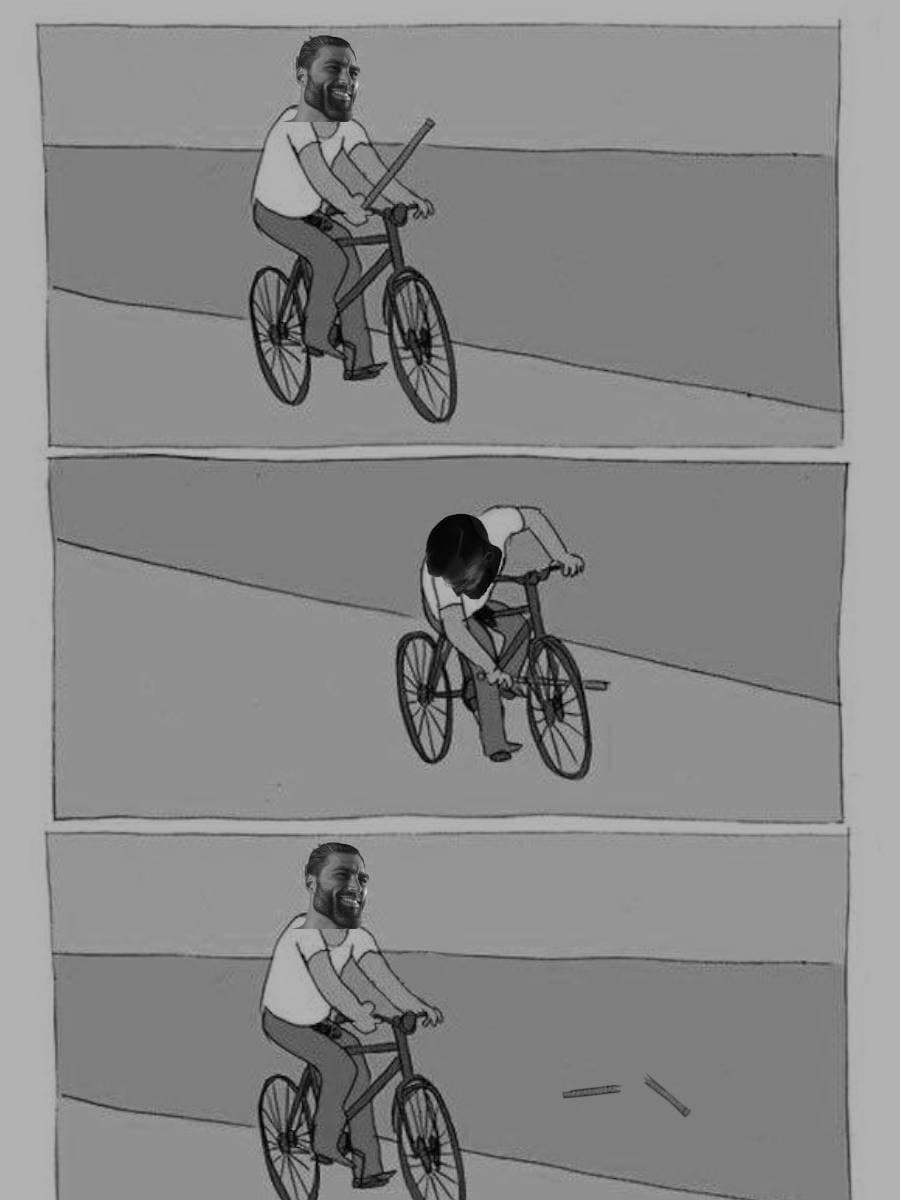 A biker humorously losing control while cycling.