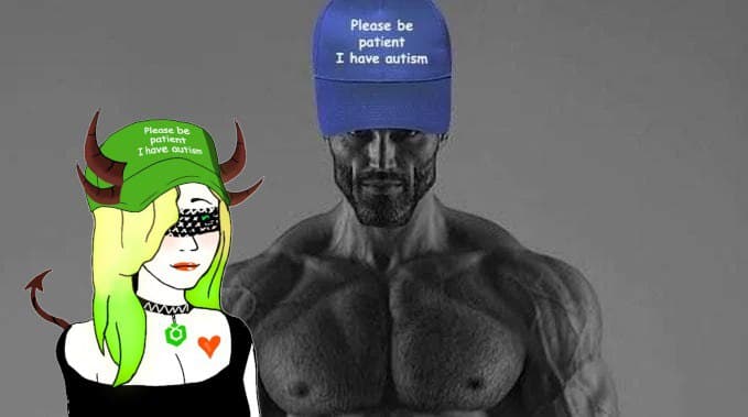 Muscular man and cartoon woman wearing matching caps.