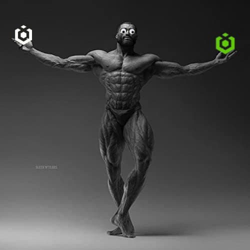 Muscular man striking a pose with logos in hands.