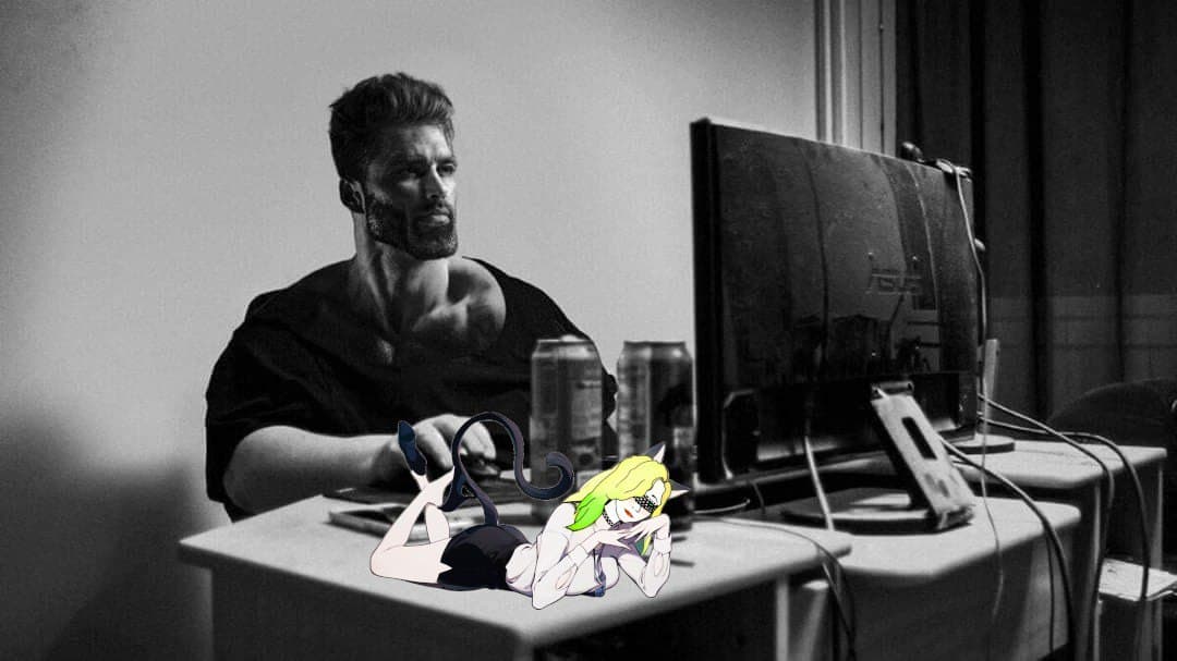 Muscular man at computer with animated character beside him.