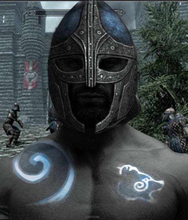 Muscular warrior with helmet and tribal tattoos in a medieval scene.