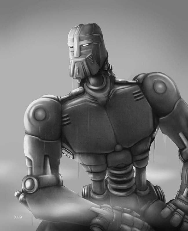 Futuristic robot sitting and staring into the distance.