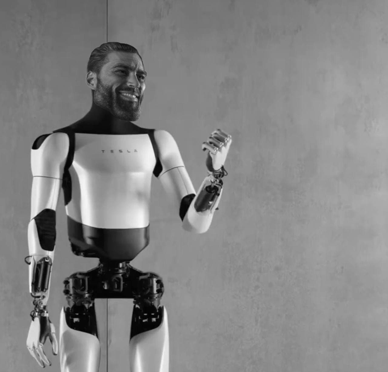 Humanoid robot with GigaChad head posing confidently.