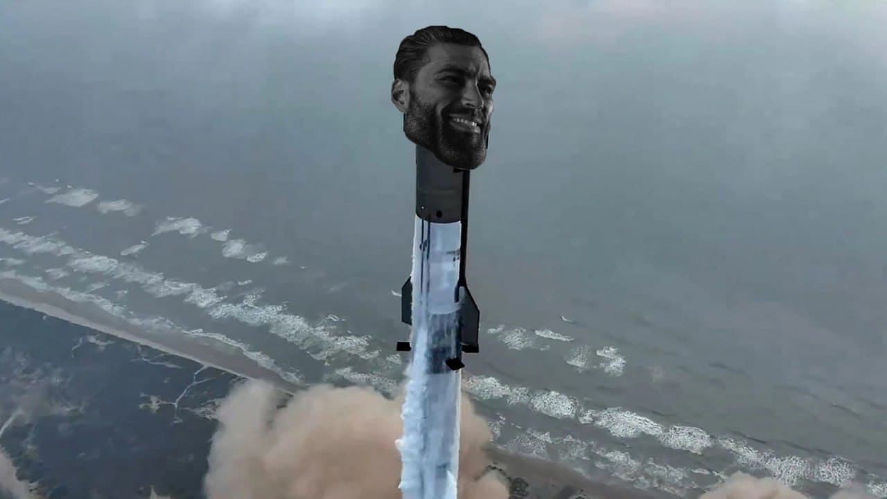 Rocket launching with GigaChad's head on top.