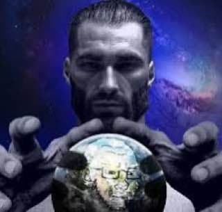 Muscular man holding a glowing globe in space.