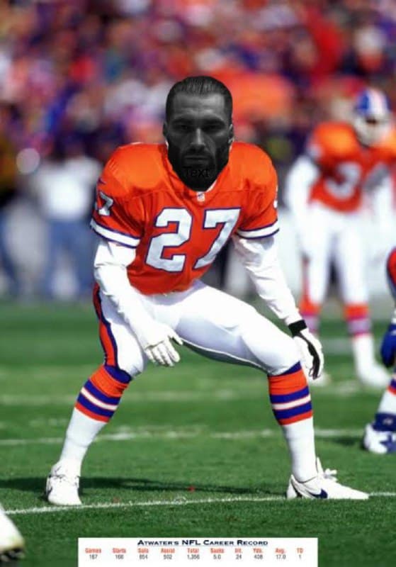 Football player striking a pose with a meme face.