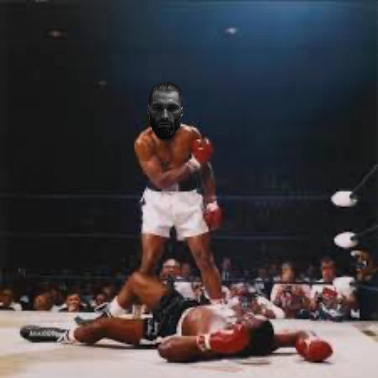 A boxer stands over a knocked-down opponent in the ring.